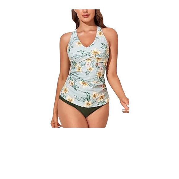Summer Mae Womens Tankini Swimsuit Tummy Control V-Neck Ruched XL NEW - Picture 1 of 10
